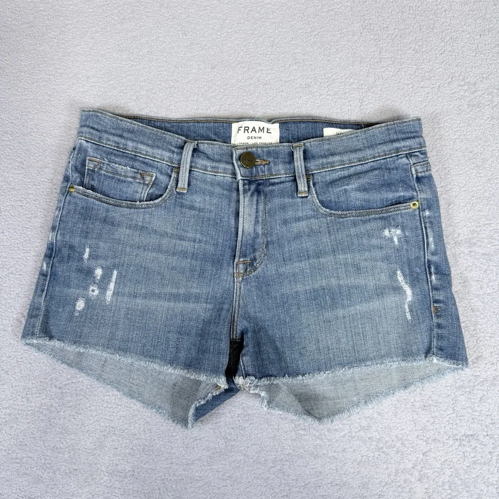 Frame Le Cutoff Raw Hem Denim Shorts Medium Wash Albion Valley Size 25